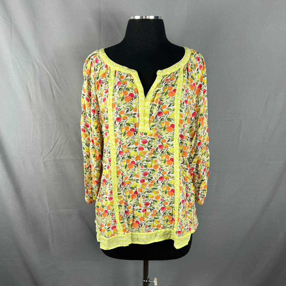 Westbound Blouse Top Women XL Multicolor Fruit Print Rayon V Neck Quarter Sleeve